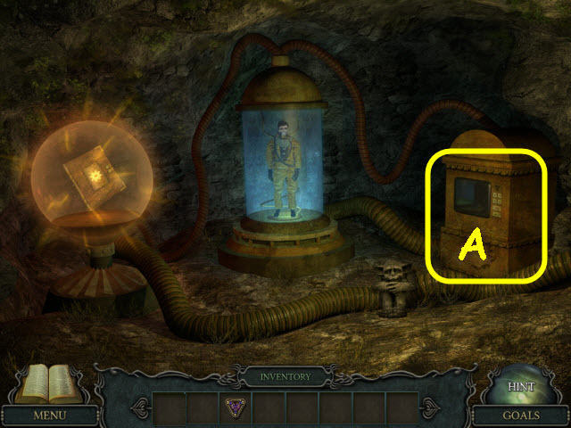 Examine the machine (A). Place the TRIANGULAR AMULET on the machine to 